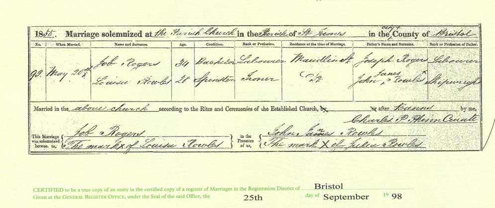 Marriage Certificate Louisa Rowles and John Rogers